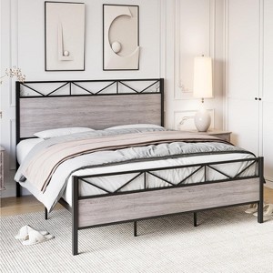 COZONY Queen/King Bed Frame with Rustic Wood Headboard & Footboard, Metal Platform, No Box Spring - 1 of 4