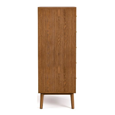 Walnut Brown Mid-Century Modern 5-Drawer Chest with Brass Handles