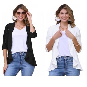 INSPIRE CHIC Women's 3/4 Sleeve Dressy Neck Ruffle Open Front Casual Eyelet Cardigans 2 Packs - 1 of 4