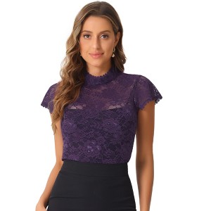 INSPIRE CHIC Women's Elegant Floral Lace Short Sleeve Keyhole Back Semi-Sheer Top - 1 of 4