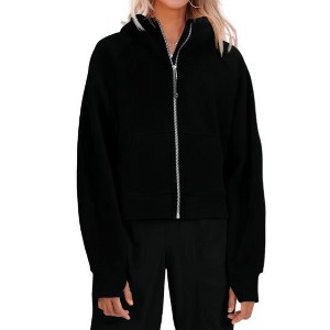 Imily Bela Women's zipper hoodie with a short cut, polo collar, casual cotton long sleeves, and thumb holes - 1 of 4
