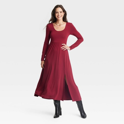 Women s Long Sleeve Knit Ballet Maxi Dress A New Day Burgundy L