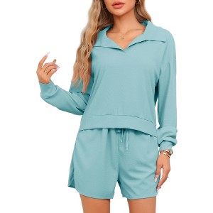 cheibear Women's Waffle Knit Long Sleeve Top and Shorts with Pockets Pajamas Sets 2 Pcs - 1 of 4