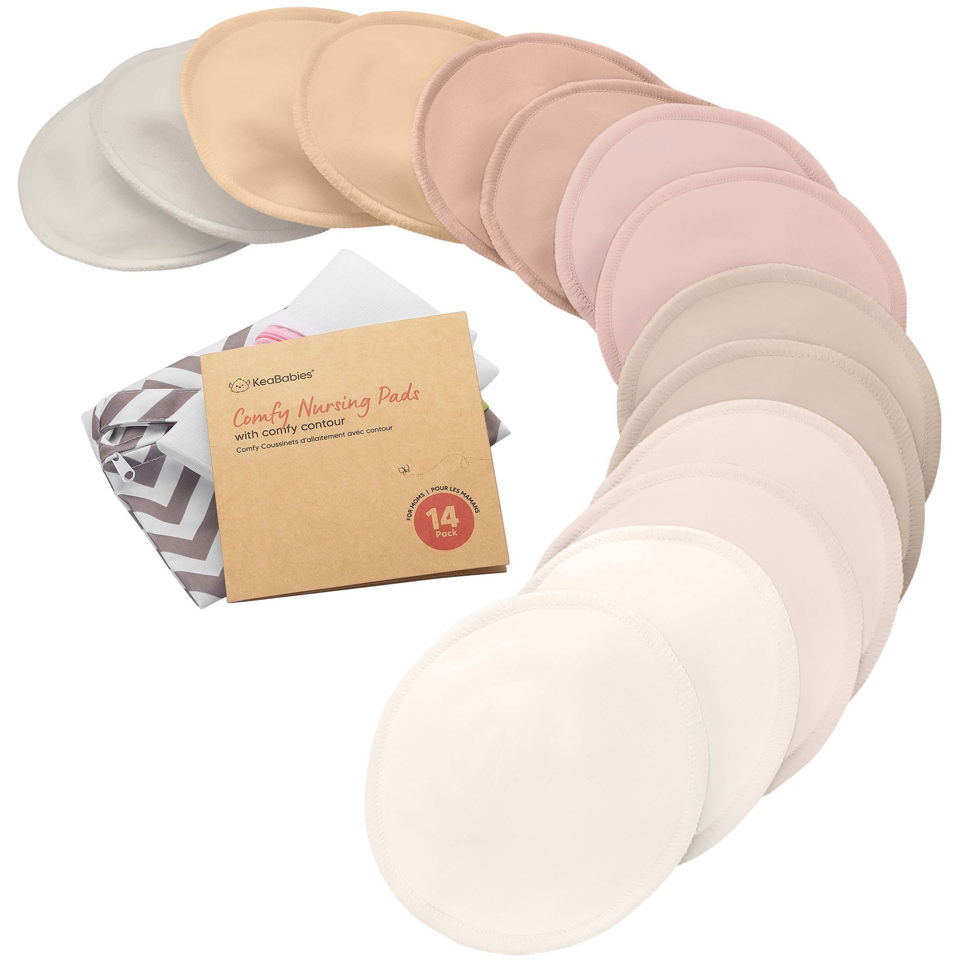 KeaBabies 14pk Washable Nursing Pads, Organic Reusable Breast Pads for Breastfeeding, Nipple Pads, Breastfeeding Essentials (Neutrals, Medium 3.9")