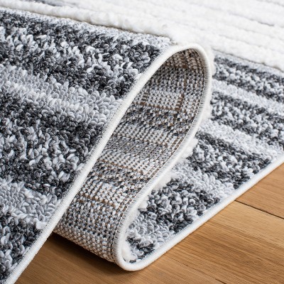 Ivory and Dark Gray Diamond Shag Runner Rug with Tassels