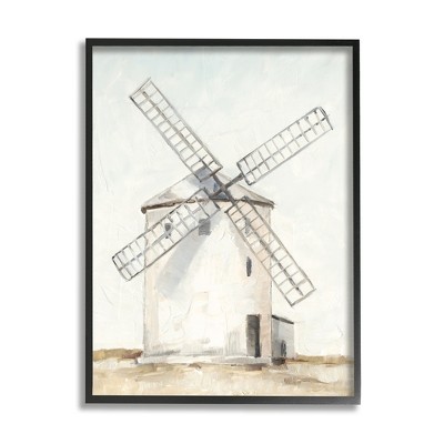Stupell Industries Windmill Farm Landscape Neutral Blue Brown Painting