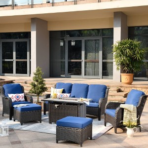 Ovios Orlando 6pc Gray Wicker Outdoor Patio Furniture Conversation Sofa Set with a Rectangle Fire Pit and Cushions - 1 of 4