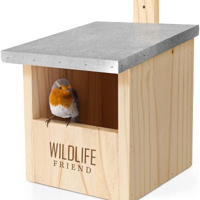 Natural Pine Wood Birdhouse with Metal Roof for Semi-Cavity Breeders