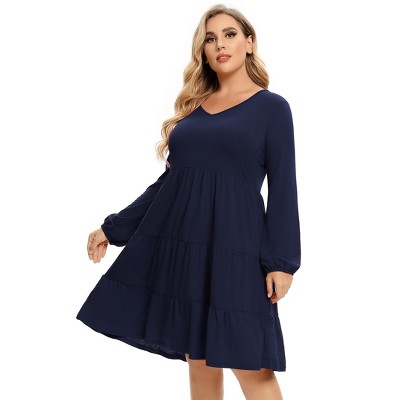 plus Size V-Neck Multi-Layered Ruffle Long Sleeve Dress