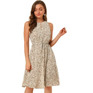 Allegra K Women's Floral Split Neck Drawstring Waist Sleeveless A-Line Summer Midi Dress - 1 of 4