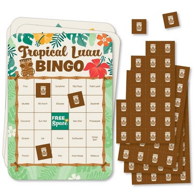 Big Dot of Happiness Tropical Luau - Bingo Cards and Markers - Hawaiian Beach Party Shaped Bingo Game - Set of 18