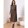 INSPIRE CHIC Women's Casual Midi Round Neck Long Sleeve Flowy Fall Dresses with Belt - 3 of 4