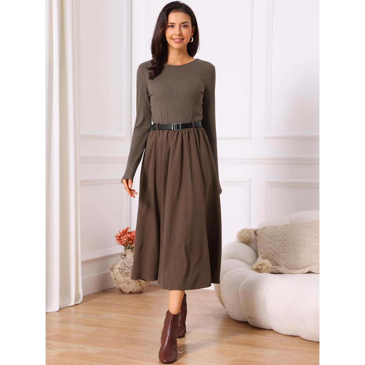 Женские платья INSPIRE CHIC Women's Casual Midi Round Neck Long Sleeve Flowy Fall Dresses with Belt Coffee Small 2 Packs Coffee/Black Large — фото 3