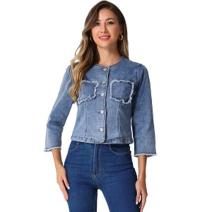 Allegra K Women's Cropped Denim Jacket 3/4 Sleeves Frayed Casual Collarless Jean Jackets - 1 of 4