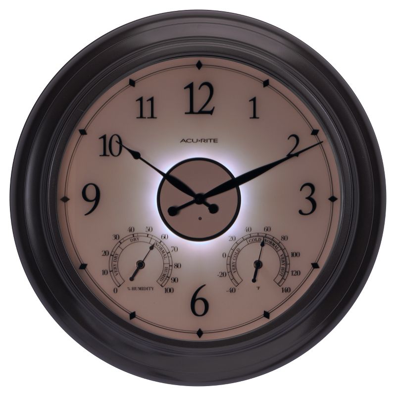 24" Metal Outdoor / Indoor Wall Clock with Illuminated Face, Thermometer and Humidity - Bronze Finish  - Acurite, 3 of 7