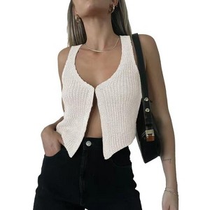 Womens Summer Vest Tank Top Knit Sweater Sleevless Cardigan Hook U Ncek Rib Crochet Cropped Front - 1 of 3