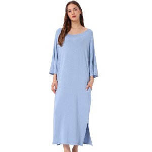 cheibear Women's Soft Three Quarter Sleeve Solid Slit Hem Pajama Dress - 1 of 4