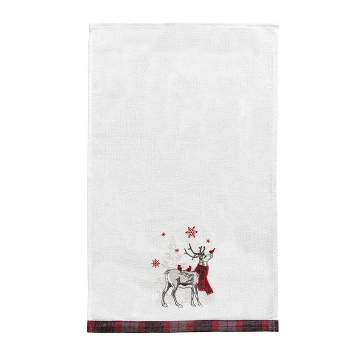 C&F Home 27" x 18" Frosty Deer White Deer Wearing Red & Black Plaid Scarf Christmas Holiday Embellished Flour Sack Kitchen Dish Towel