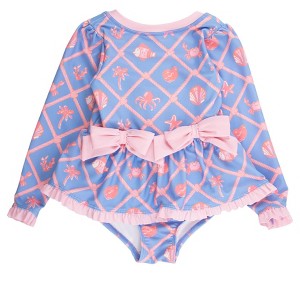 RuffleButts Toddler Girls UPF50+ Long Sleeve One Piece Bow Peplum Rash Guard Swimsuit - Tropical Trellis, 3T - 1 of 4