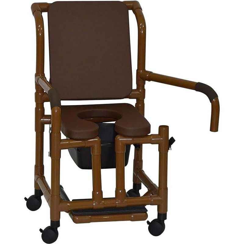 MJM International Corporation Shower Chair 18 in width 3 in openfront BROWN seat BROWN padded backdual arms sliding footrest 10 qt slide 300 lb wt, 1 of 2