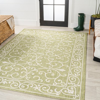 Boho-Chic Green and Cream Vintage Filigree 9' x 12' Indoor/Outdoor Rug