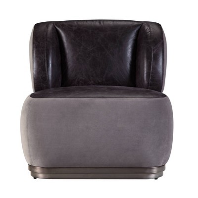 Antique Slate and Gray Leather Metal Accent Chair with Ottoman