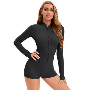 INSPIRE CHIC Women's Long Sleeve Front Zip Basic Bodysuit Turtleneck Tummy Control Shapewear Leotard - 1 of 4