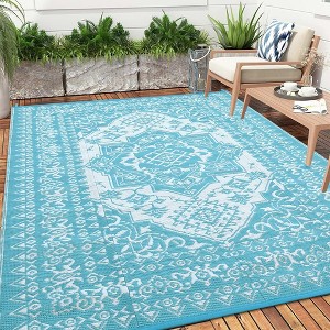 Outdoor Patio Rug Waterproof Reversible Carpet Vintage Boho Medallion Rug Plastic Straw Rug - 1 of 4