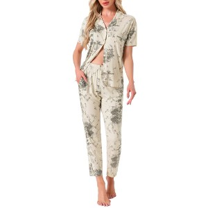 INSPIRE CHIC Women's Longewear Button Up Tencel Floral Ink Wash Pattern Short Sleeve Notched Collar Pants Set with Pockets - 1 of 4