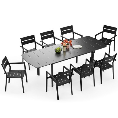 Crestlive Products Aluminum 9pc Extendable Patio Dining Set with Butterfly Leaf Rectangular Extension Table Expandable Outdoor Table with chairs