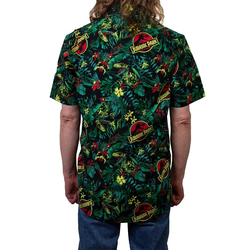 Men's Jurassic Park Classic Logo Hawaiian Print Button Down Shirt, 3 of 4