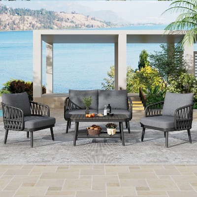 Sapphtopaz Patio Furniture Set Woven Rope Loveseat Conversation Outdoor Chairs Coffee Table with Wood Table Top Patio Chairs for Pool, Terrace