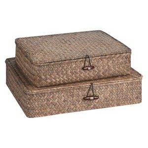 Aoibox Set of 2 Flat Seagrass Storage Bins with Lid Woven Basket Home Office Organizer Coffee for Shelf Supplies - 1 of 4