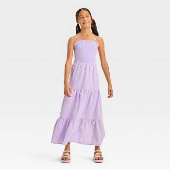 Girls' Smocked Bodice Tie Back Woven Textured Maxi Dress - art class™