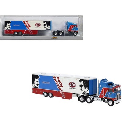 1980 Kenworth K-100 COE Aerodyne Transporter Blue and Red "STP Racing Team" 1/87 (HO) Scale Model Car by Brekina