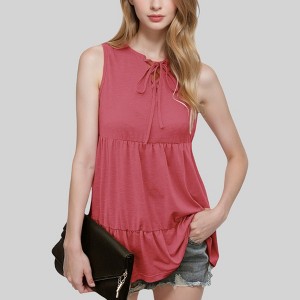 Anna-Kaci Women's Sleeveless Babydoll Top with Lace-Up Neckline - 1 of 4