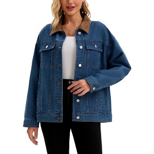 INSPIRE CHIC Women's Denim Corduroy Collar Long Sleeves Button Down Western Shacket Jean Jackets - 1 of 4