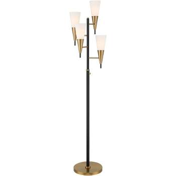 Possini Euro Design Quatro Mid Century Modern Tree Floor Lamp 71" Tall Black Gold Metal 4 Light Frosted Glass Cone Shade for Living Room Bedroom House