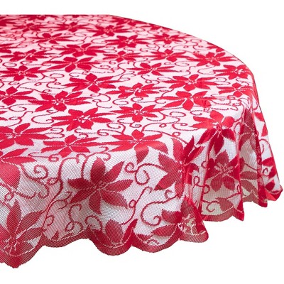 Red and White Lace Round Christmas Tablecloth, 72 Inch