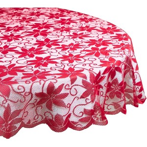 Juvale 72 Inch Round Tablecloth, Red Lace Christmas Tablecloth with Poinsettia Design for Holiday Decorations, Dining Room - 1 of 4