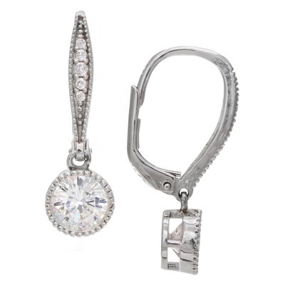 Women's Leverback Drop Earrings with Clear Cubic Zirconiain Sterling Silver - Clear/Gray (25mm)