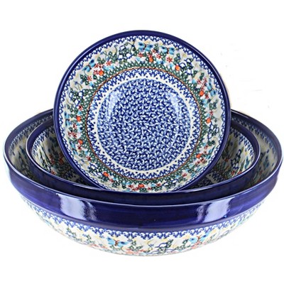 Blue Rose Polish Pottery 1400 Vena 3 Piece Serving Bowl Set