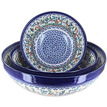 Blue Rose Polish Pottery 1400 Vena 3 Piece Serving Bowl Set