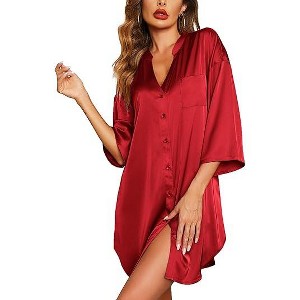 Ekouaer Satin Nightgowns for Women Silk Sleepwear Button Down Sleepshirt 3/4 Sleeve V-Neck Nightshirts with Pockets - 1 of 4