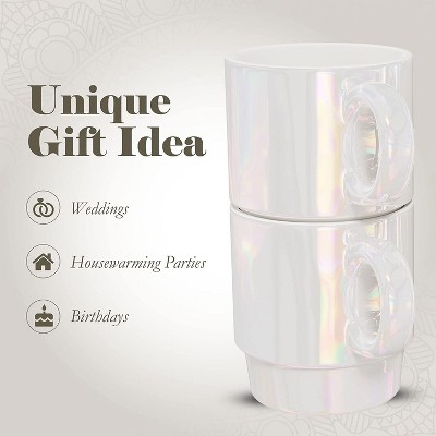 Pearlized Ceramic Mug Set with Black Metal Rack, 14 oz, 4-Piece