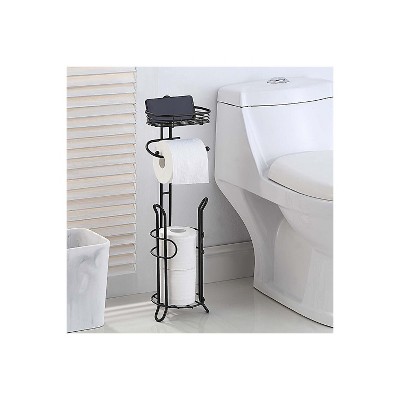 Black Metal Freestanding Toilet Paper Holder with Storage Basket