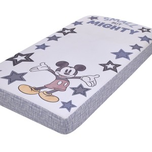 Disney Mickey Mouse Mighty Mickey Gray, Blue, Red and Yellow "Small But Mighty" Nursery Photo Op Fitted Crib Sheet - 1 of 4