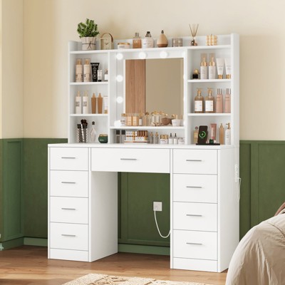 USIKEY Vanity Desk with Mirror and Lights, Power Outlet, and 9 Drawers & 6 Open Storage Shelves, 3 Lighting Modes Brightness Adjustable,White
