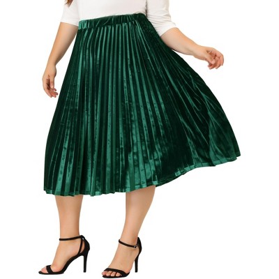 Agnes Orinda Women's Plus Size Velvet Pleated Elastic Waist Party Metallic  Swing Midi A Line Skirts Dark Green 4X