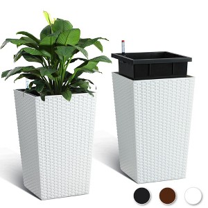 16" Tall Rattan Planters Set of 2 with Trays, Water Level Monitors & Wheels – Large Self-Watering Flower Pots for Indoor & Outdoor Use, Black - 1 of 4